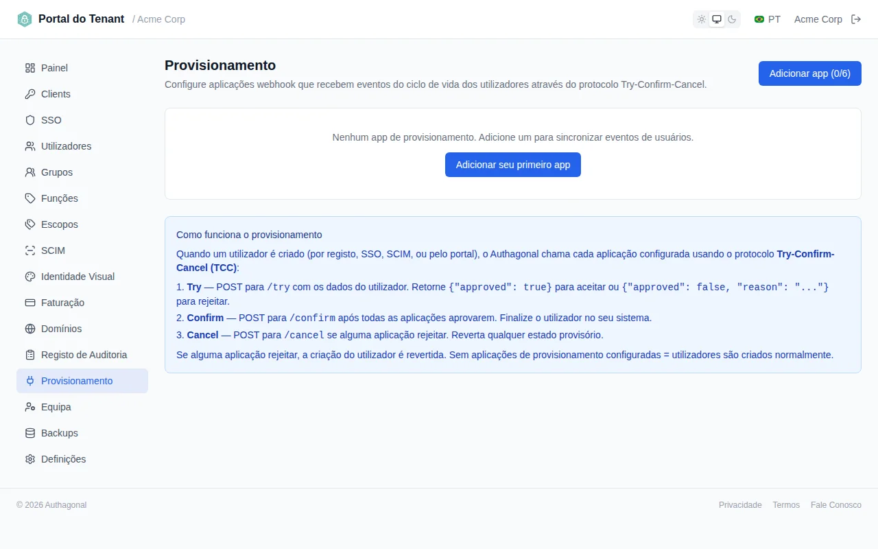 Provisioning apps page showing configured apps with test results displaying HTTP status and response body