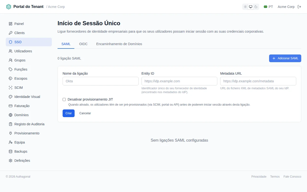 SAML connection creation form with fields for connection name, entity ID, and metadata URL