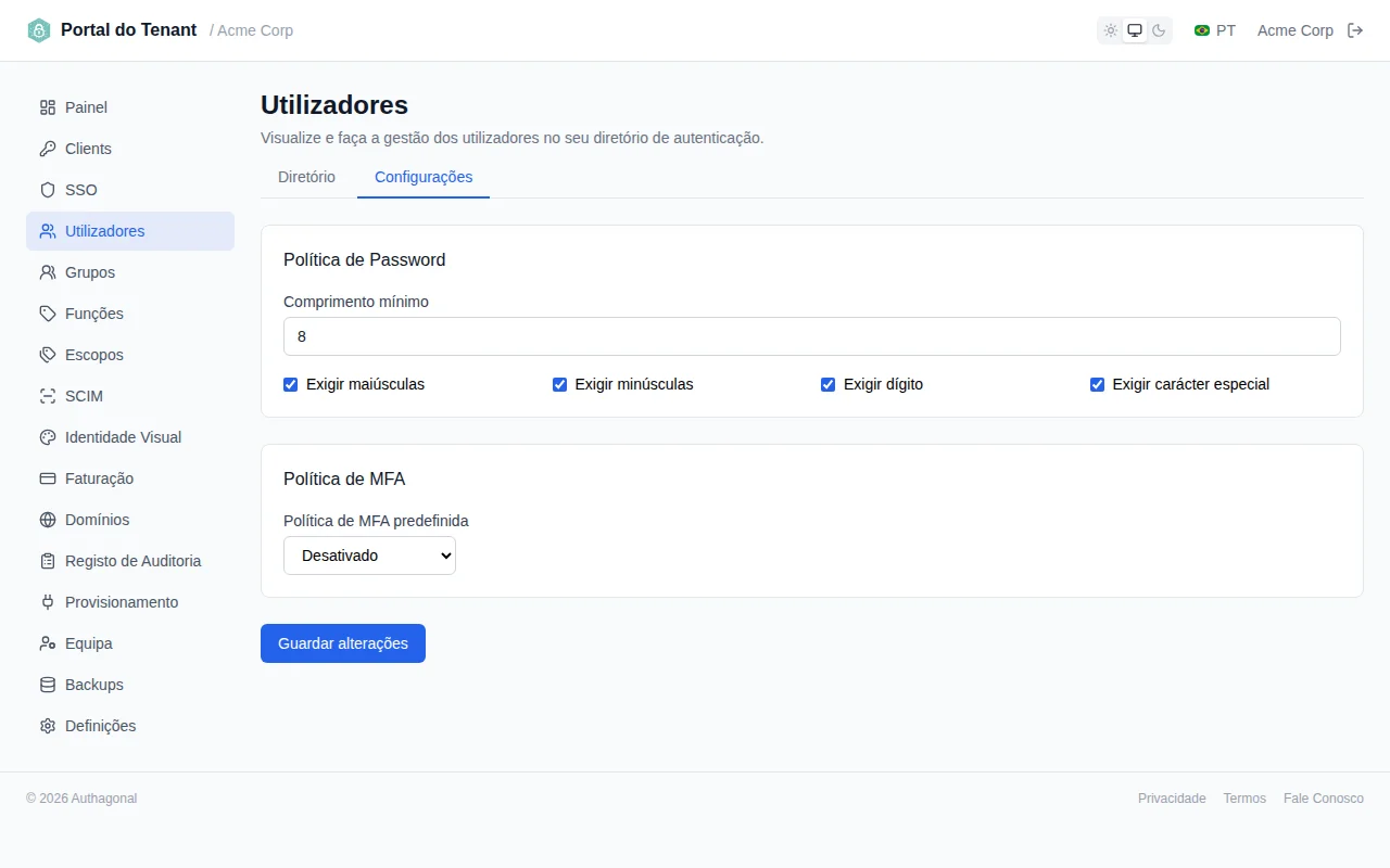 Password policy settings showing minimum length slider and toggle switches for character requirements