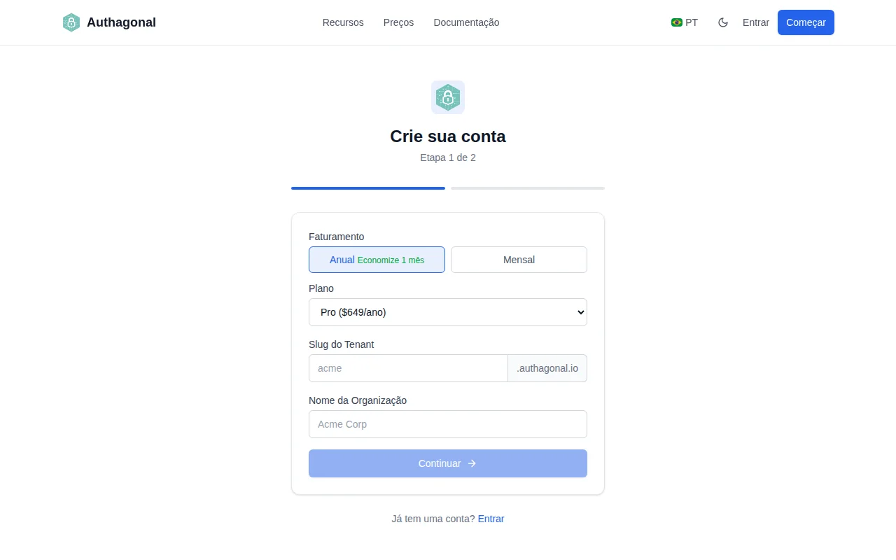 Authagonal signup page showing tenant slug input and email verification
