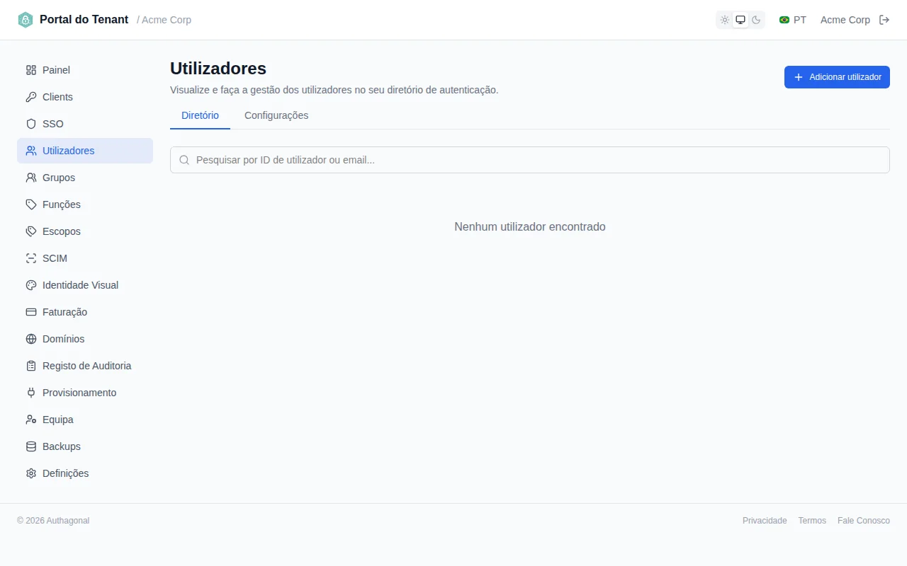 User list table with columns for email, user ID, name, status, MFA, source, and created date