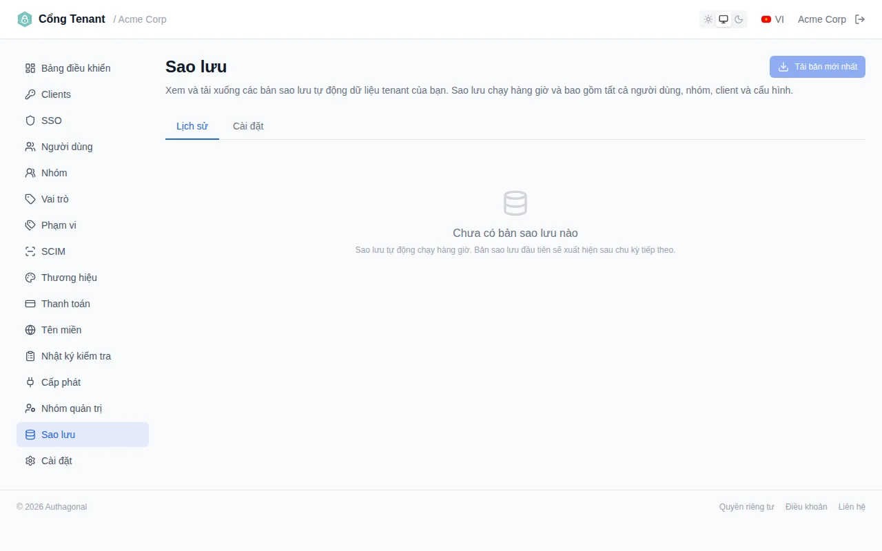 Backups page showing backup history with timestamps, types, and entity counts