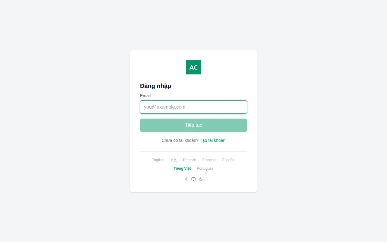 A customized login page showing a branded logo, custom primary color on the sign-in button, and support email in the footer