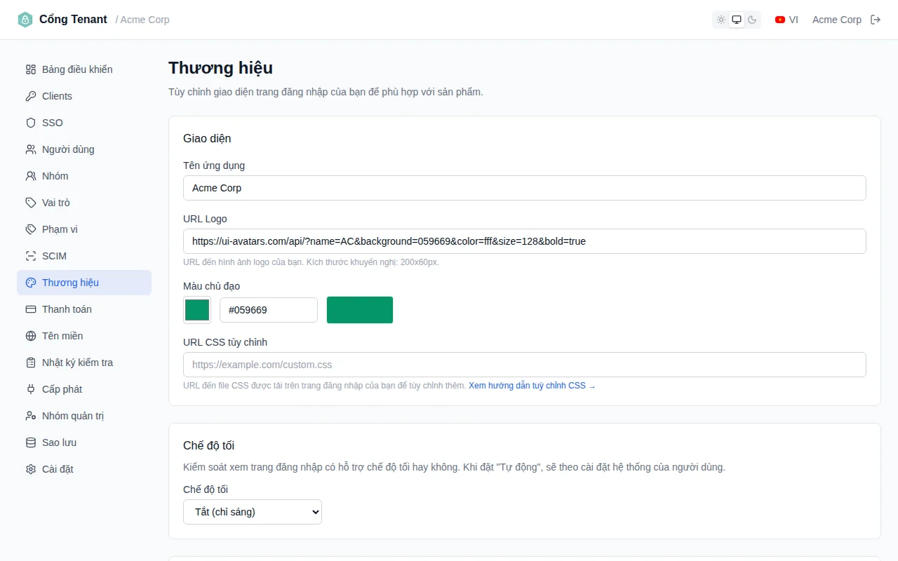 Branding appearance settings with app name input, logo URL field, color picker with hex input, and custom CSS URL field