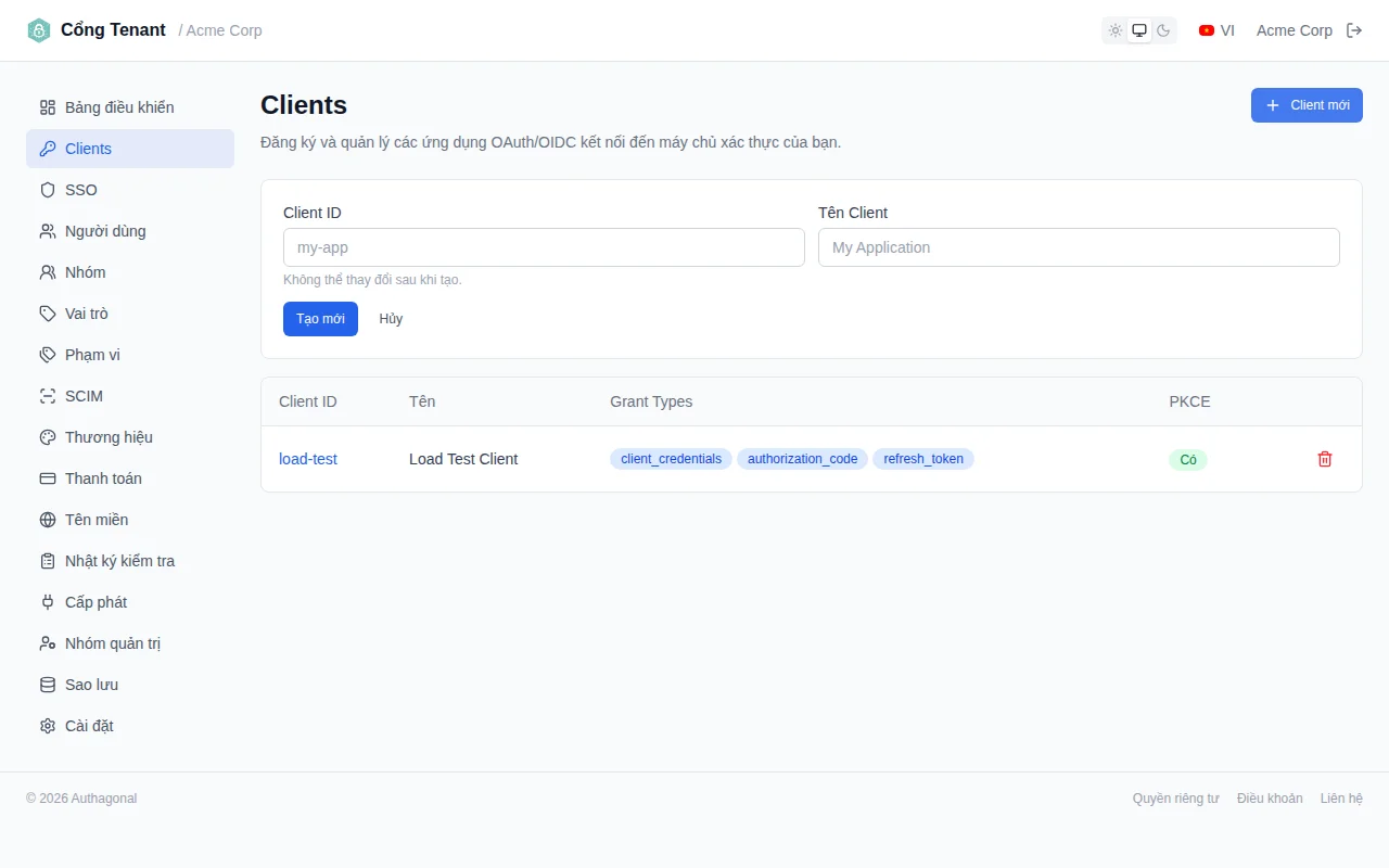 Client creation form with clientId, clientName, and redirect URI fields