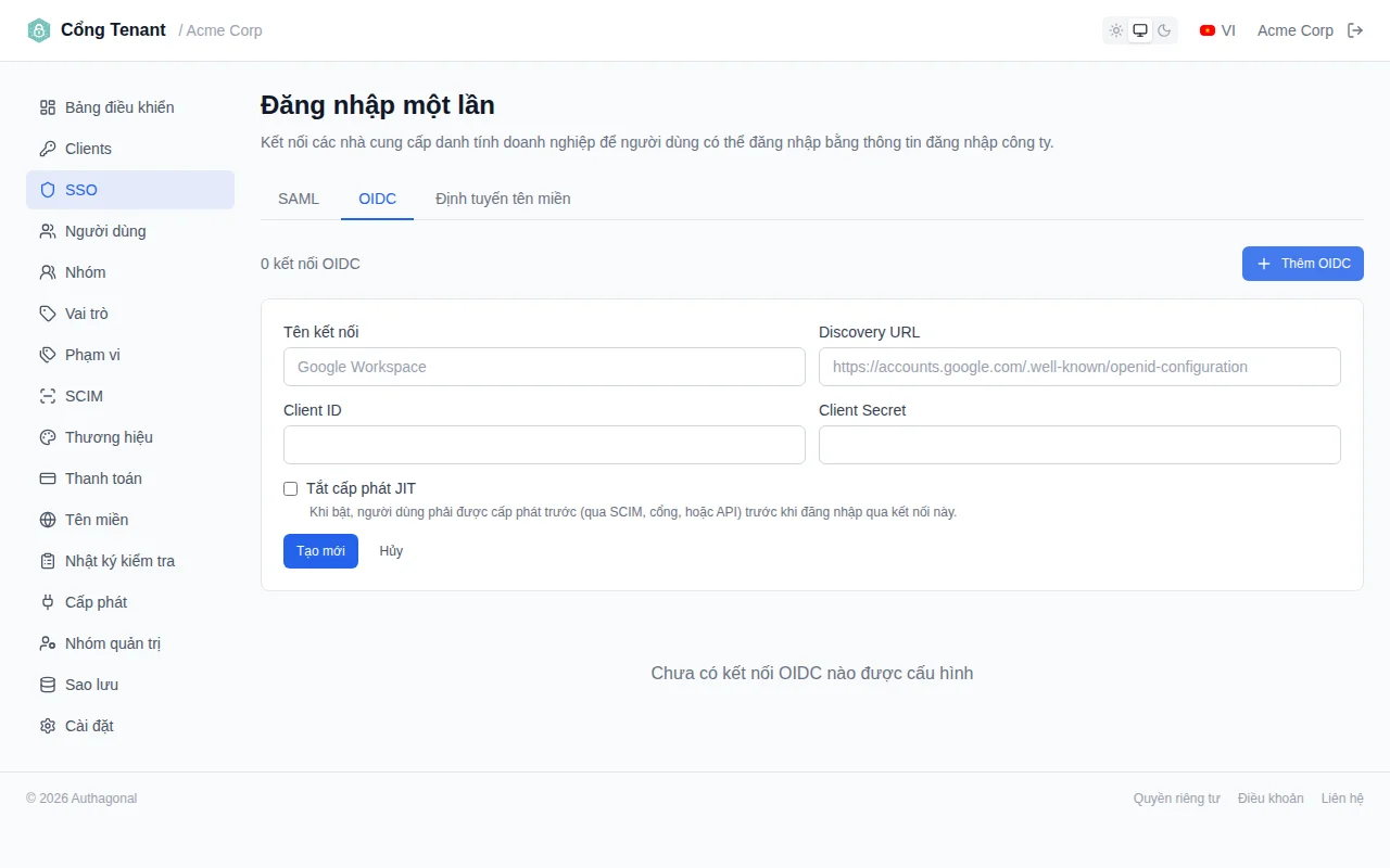 OIDC connection creation form with fields for connection name, discovery URL, client ID, and client secret