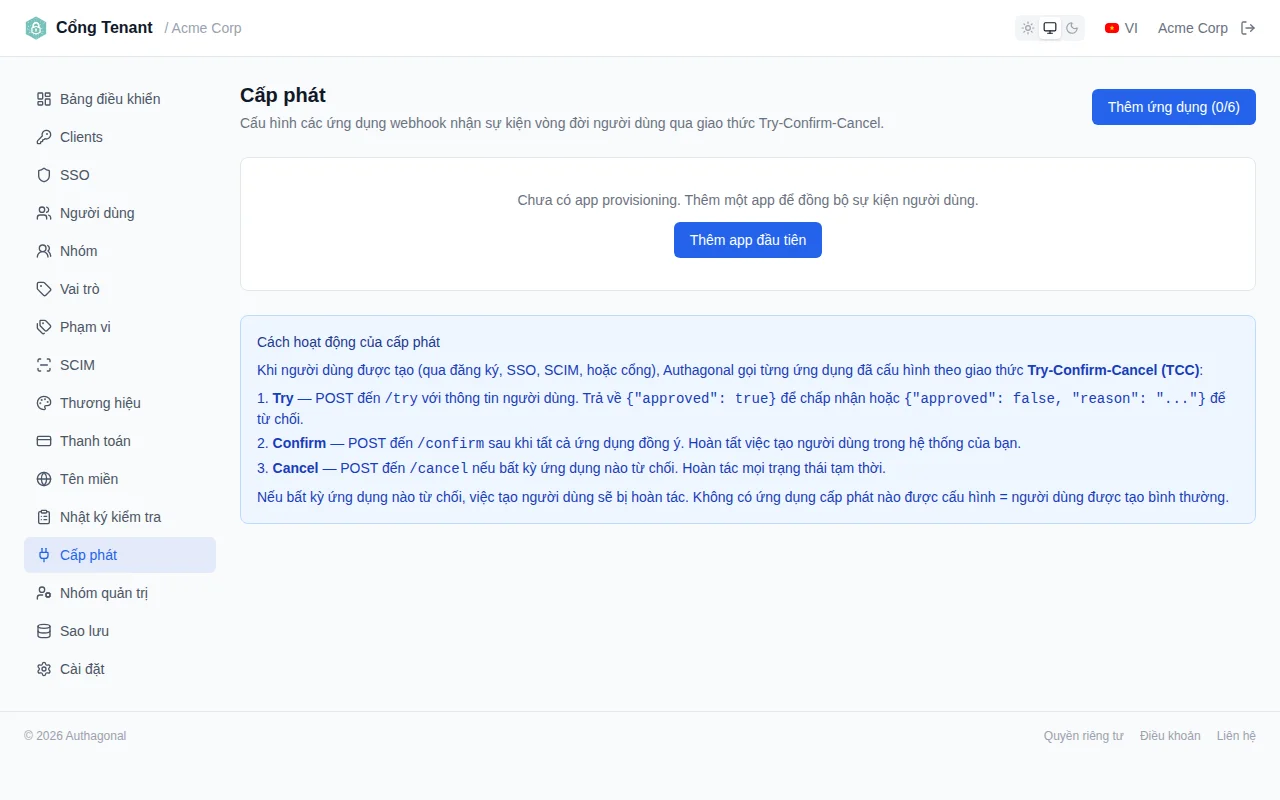Provisioning apps page showing configured apps with test results displaying HTTP status and response body