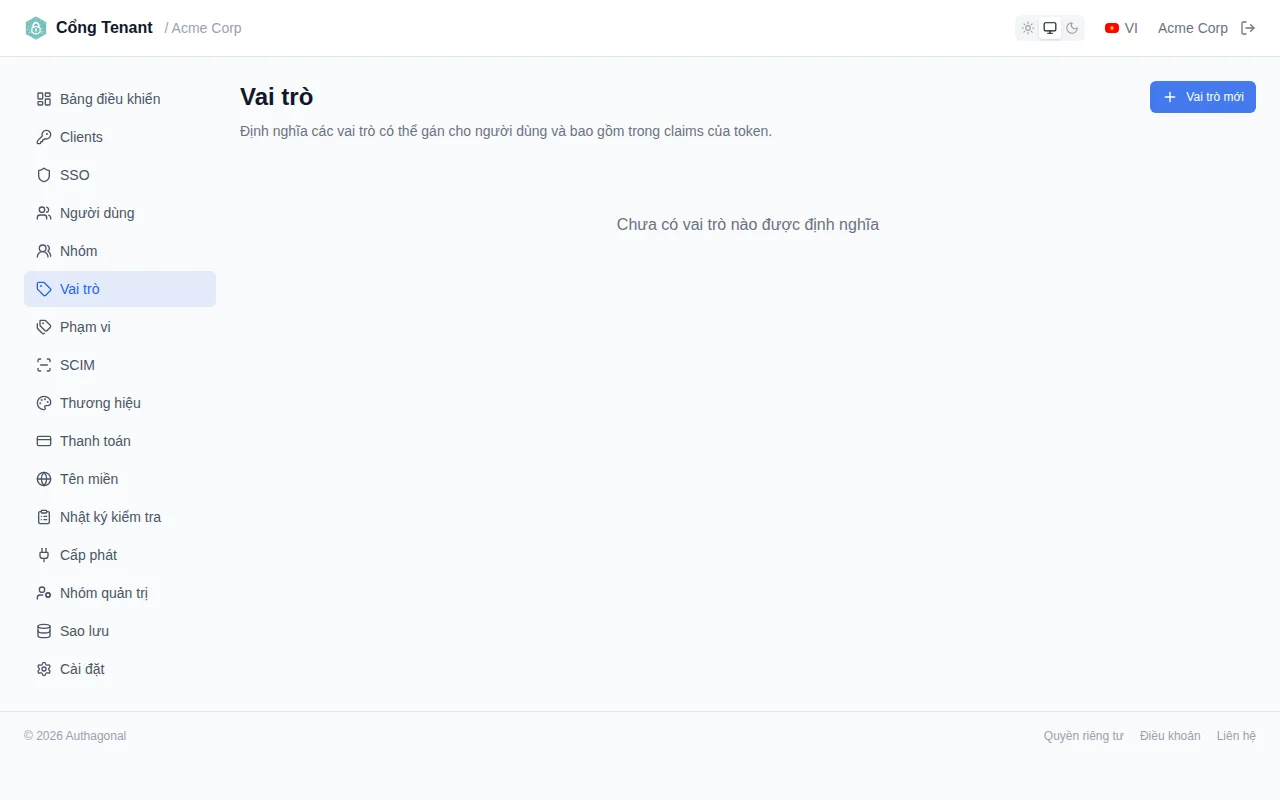 Roles table with inline editing active, showing editable name and description fields with save and cancel icons