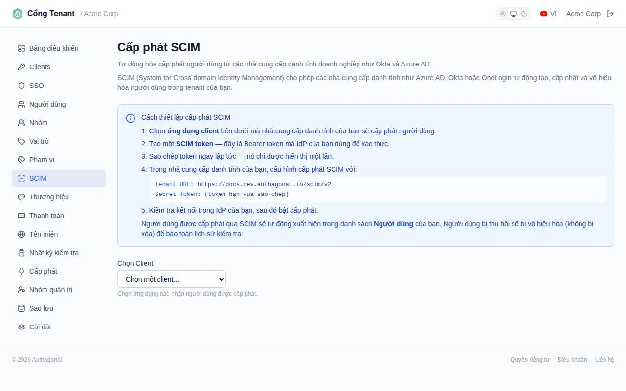 SCIM configuration page showing client selector, token generation form, and base URL