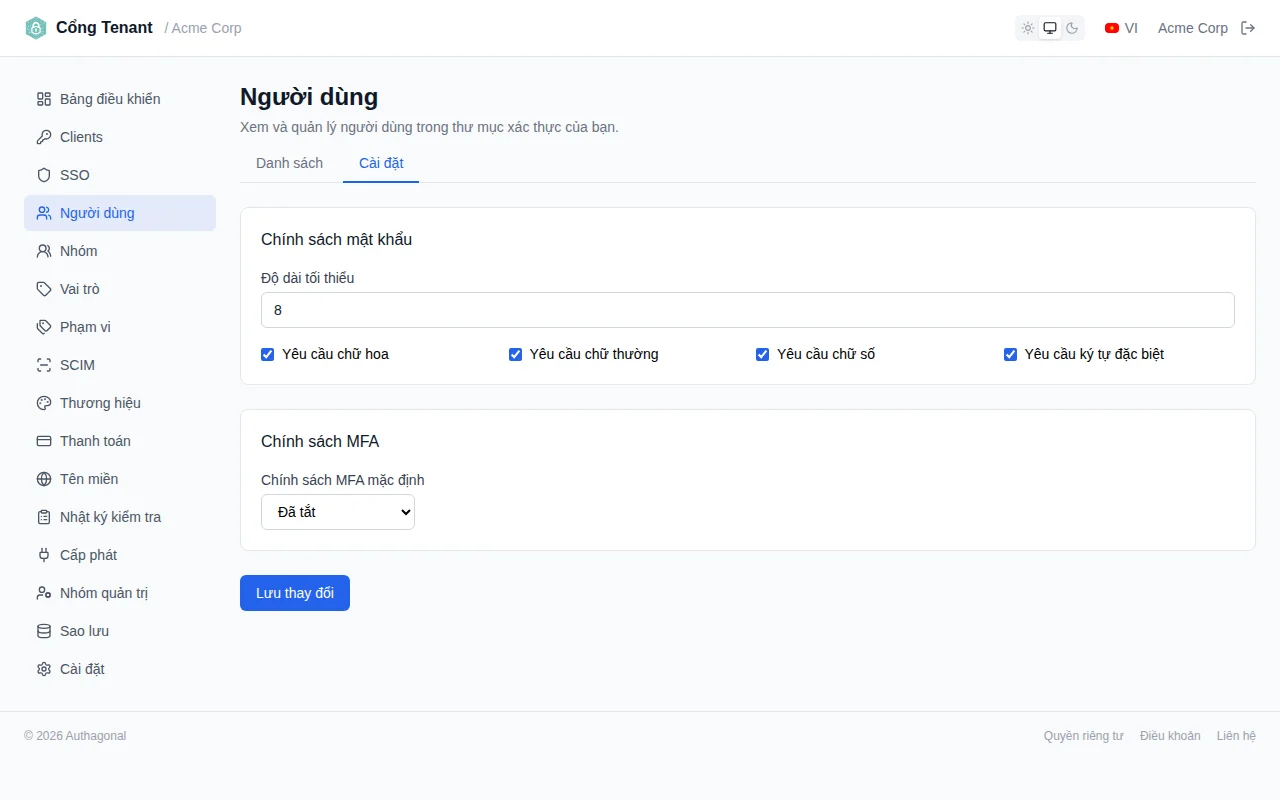 Password policy settings showing minimum length slider and toggle switches for character requirements