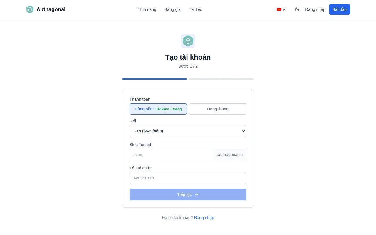 Authagonal signup page showing tenant slug input and email verification