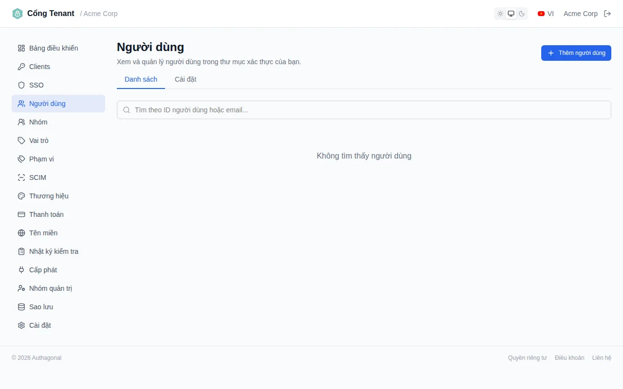 User list table with columns for email, user ID, name, status, MFA, source, and created date
