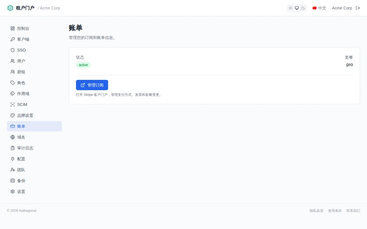 Billing page showing subscription status, plan name, billing period, and Manage Subscription button