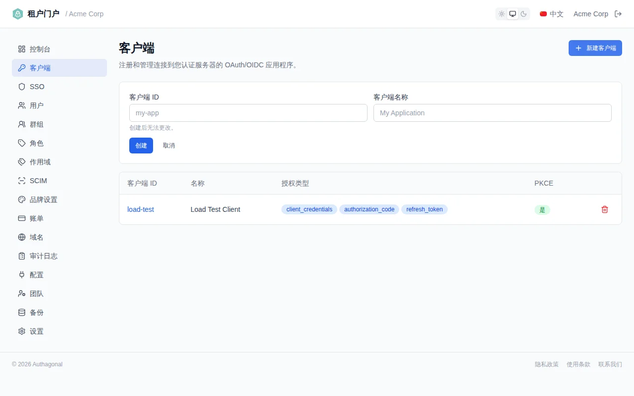 Client creation form with clientId, clientName, and redirect URI fields