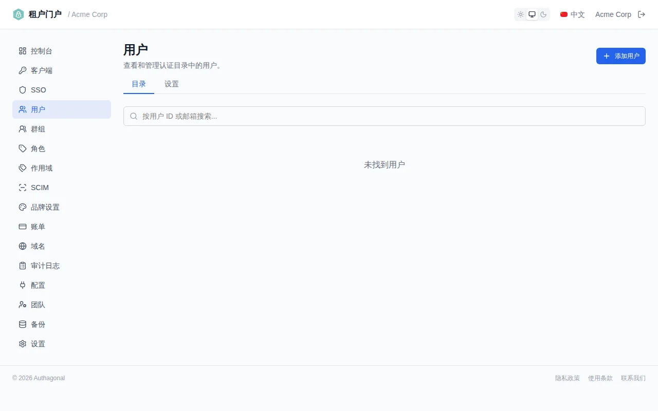 User list table with columns for email, user ID, name, status, MFA, source, and created date